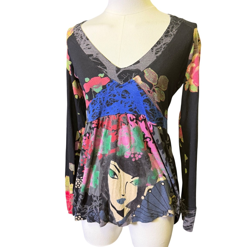 Desigual Vintage Geisha Floral Embroidered Long Sleeve Top Womens M Black Good